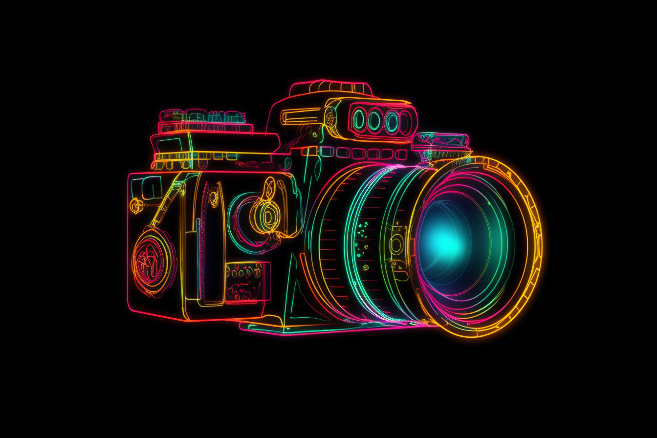 AI generated image of neon camera on black background