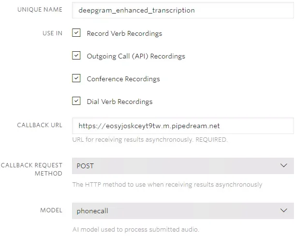 Twilio Deepgram Enhanced Transcription Add-on configuration