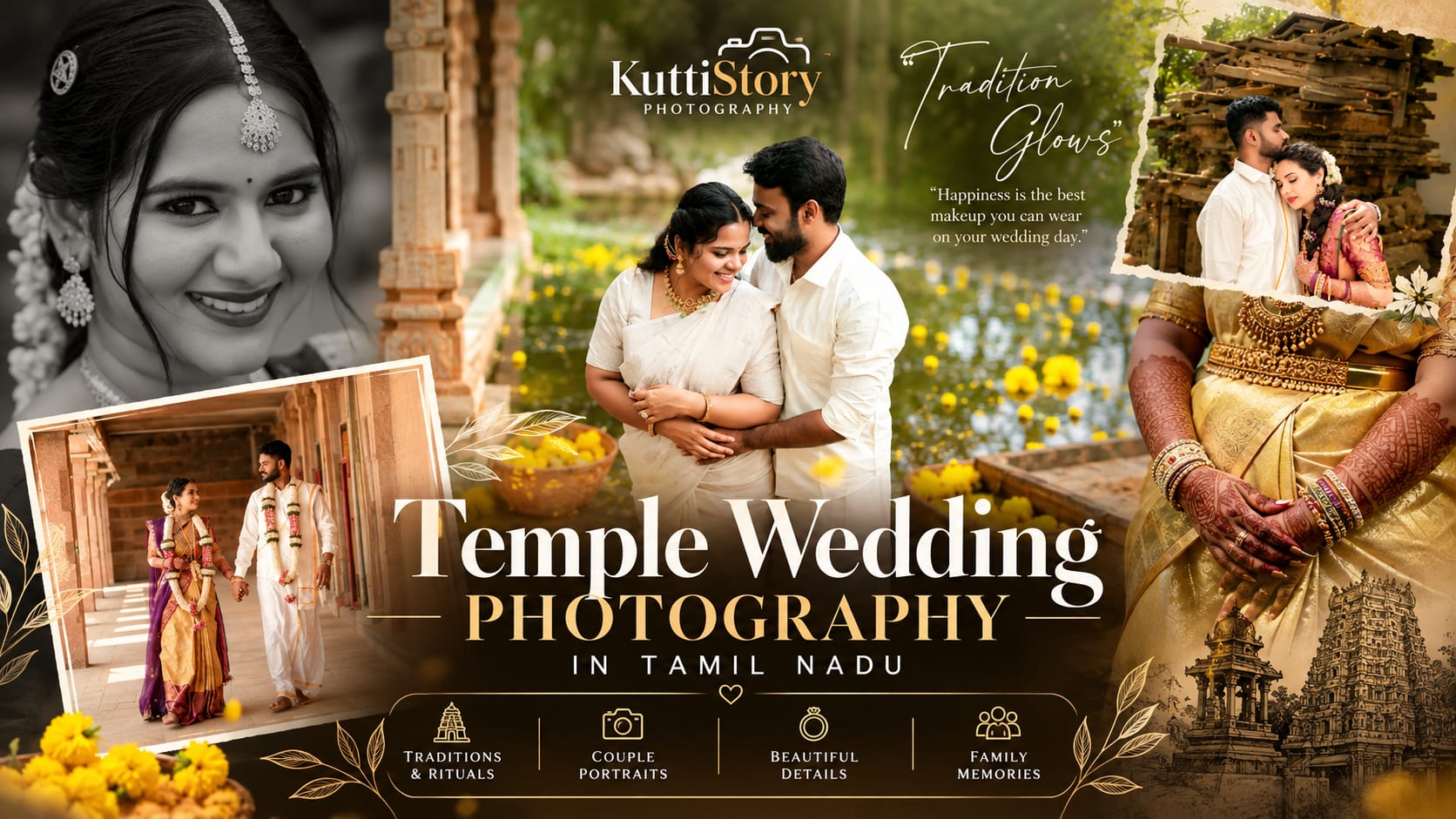 Traditional Tamil Hindu bride and groom photographed during a temple wedding with warm cinematic lighting