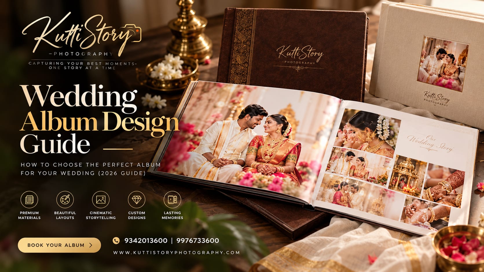 Premium wedding album design featuring South Indian wedding photographs and elegant page layouts