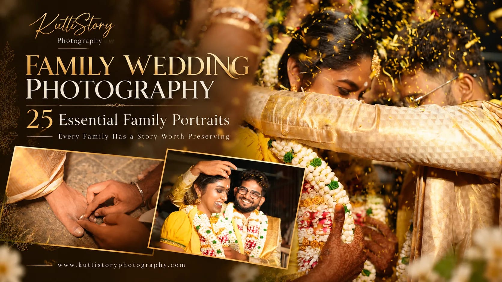 Family wedding photography featuring a Tamil bride and groom with parents and relatives in traditional attire
