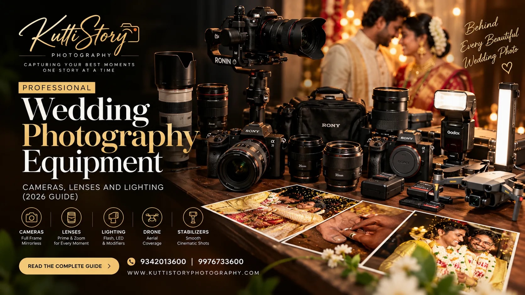 Professional wedding photography equipment including cameras, lenses and lighting gear for wedding photography