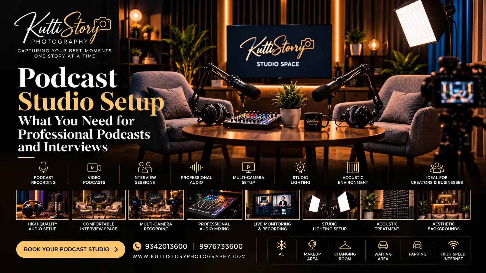 Professional podcast studio setup with microphones, headphones, audio mixer and interview lighting
