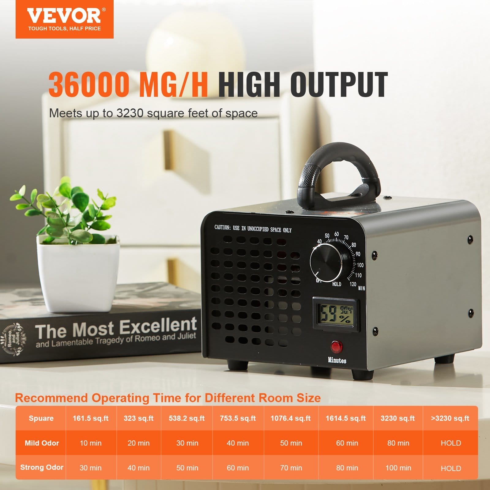 VEVOR Ozone Generator, 36000mg/h Ozone Machine Odor Remover, High Capacity Commercial/Industrial Ozone Generator Machine, Home Air Ionizers Deodorizer with 0-120 min Time Setting for Rooms, Cars, Pets - Image 2
