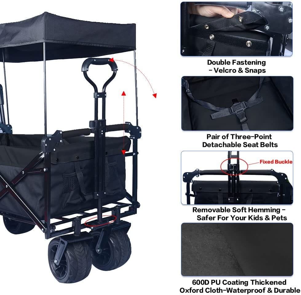 Collapsible Wagon Heavy Duty Folding Wagon Cart with Removable Canopy, 4" Wide Large All Terrain Wheels, Brake, Adjustable Handles,Cooler Bag Utility Carts for Outdoor Garden Beach - Image 4