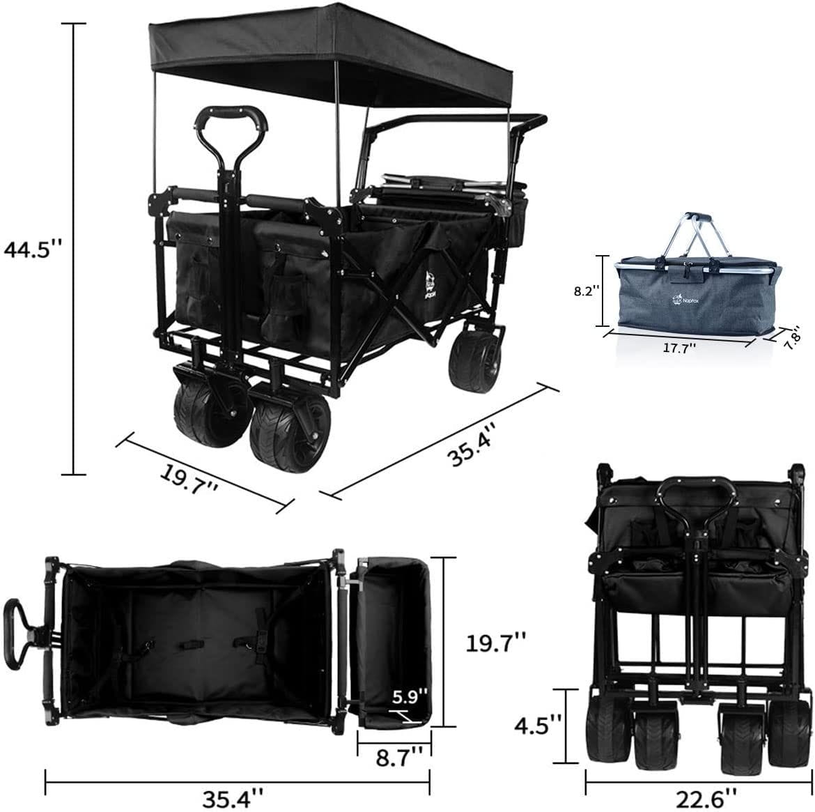 Collapsible Wagon Heavy Duty Folding Wagon Cart with Removable Canopy, 4" Wide Large All Terrain Wheels, Brake, Adjustable Handles,Cooler Bag Utility Carts for Outdoor Garden Beach - Image 3