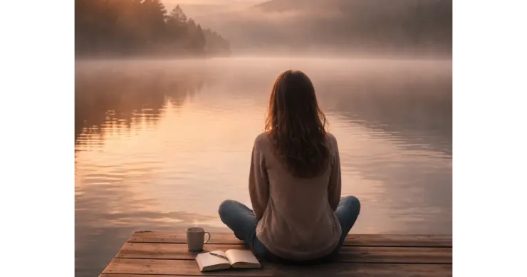 A person sitting alone on a wooden dock by a calm misty lake at sunrise, reflecting quietly with a notebook and a cup beside them, surrounded by soft light and stillness.