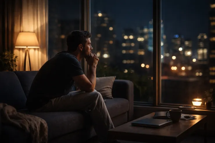 Man sitting alone on a couch at night looking through the window, reflecting on life in a dimly lit apartment