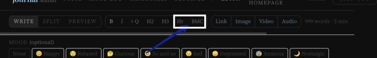 Screenshot by Mind Dump Journal showing Buy Me a Coffee and horizontal rule options in the Rich Text Editor