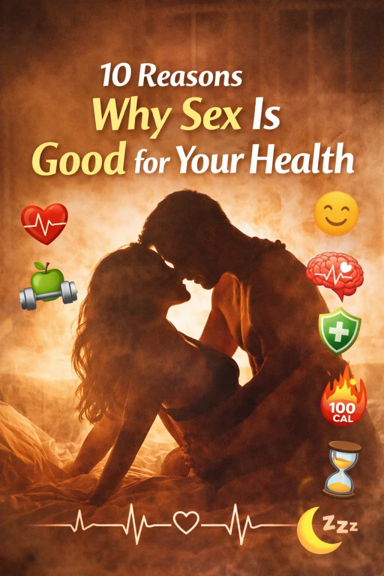 Image show siluete of couple making love and icons describing benefits from sex