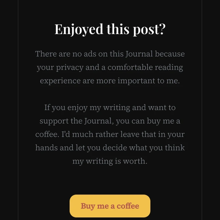 Screenshot by Mind Dump Journal showing the Buy Me a Coffee banner displayed inside a blog post