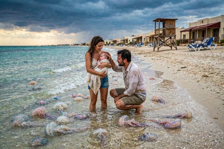 Stressed couple with a baby on a windy Red Sea beach in Egypt surrounded by jellyfish, dramatic sky and empty resort atmosphere, travel disaster scene