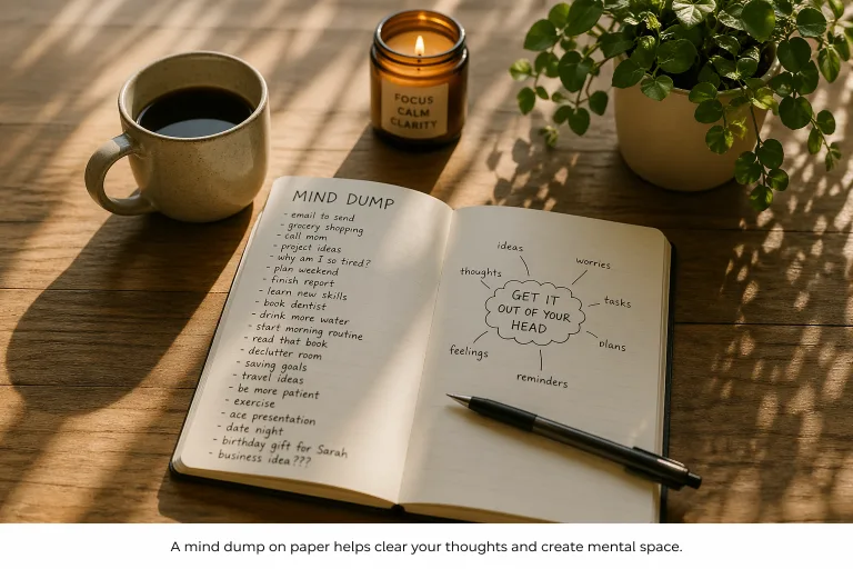 A cozy desk scene showing a notebook with a mind dump list, coffee, and calm workspace representing writing for mental clarity and focus.