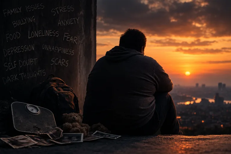 An overweight man sitting alone at sunset, surrounded by reminders of childhood struggles, weight issues, anxiety, loneliness, and emotional scars.