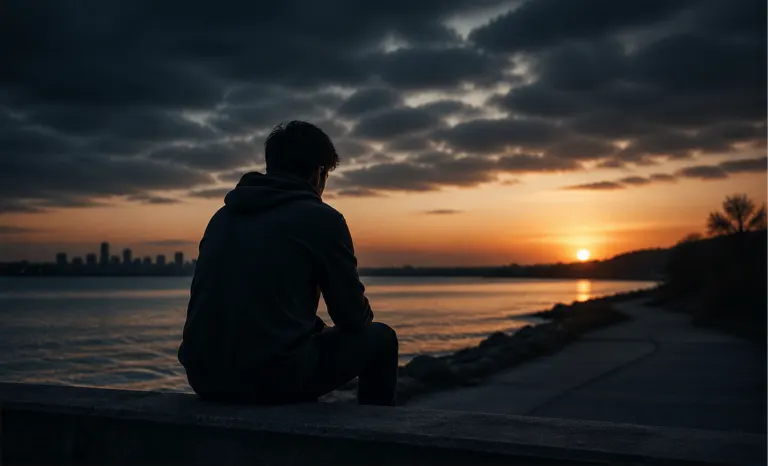 Silhouette of a person in a hoodie sitting on a ledge overlooking the water at sunset.