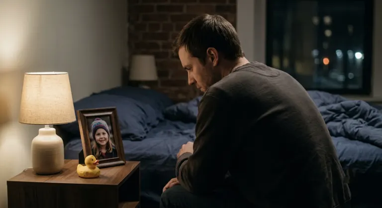 A man in his 30s sitting beside a nightstand in a dimly lit room, looking at a framed photo of his young daughter, with a small toy nearby, representing fatherhood, separation, and emotional reflection.