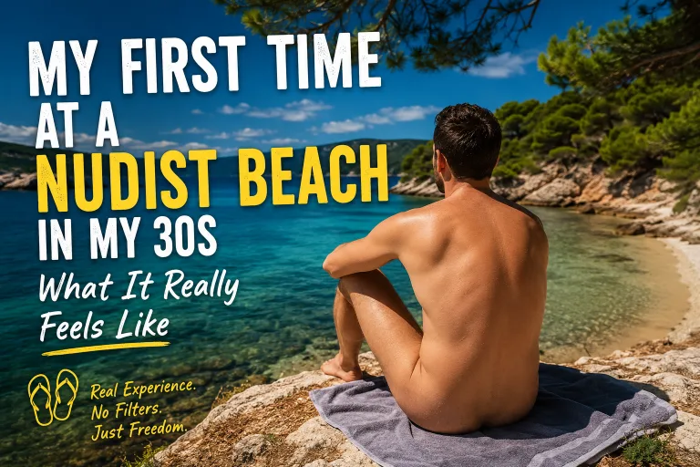 Man sitting on a nudist beach by the sea, enjoying nature and freedom during his first nudist experience in his 30s