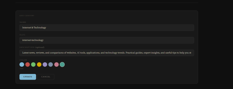 Category edit form with name, slug, description and color picker