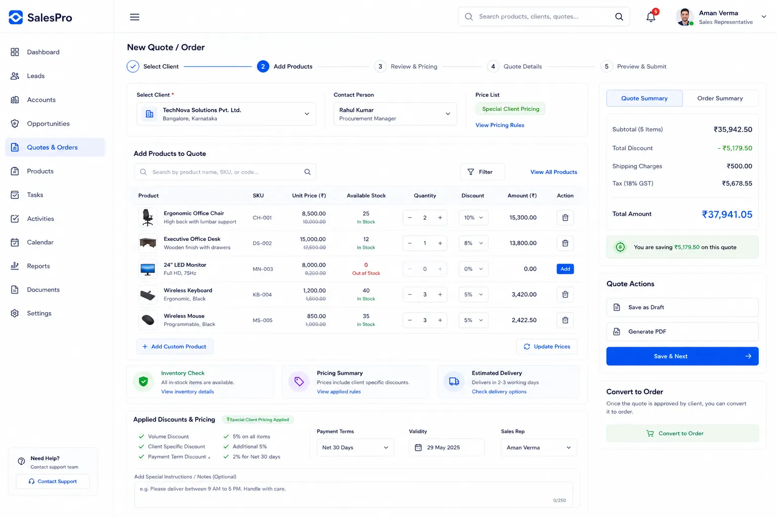 Frontend User Panel - New Order & Quote Generation