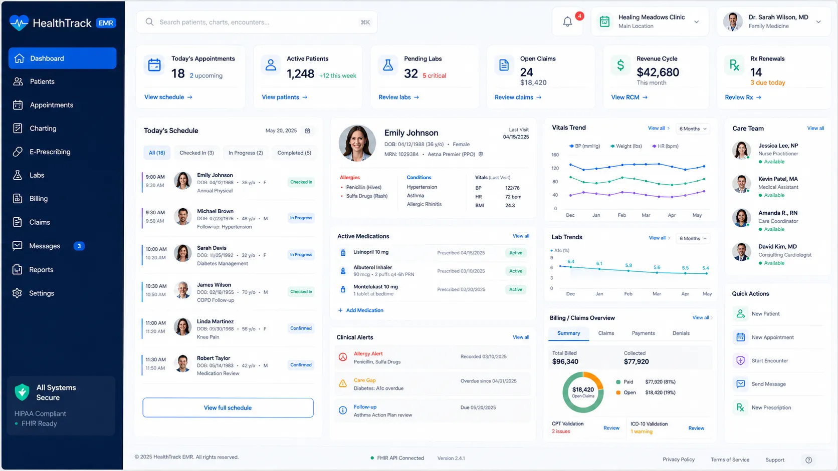 HealthTrack EMR dashboard