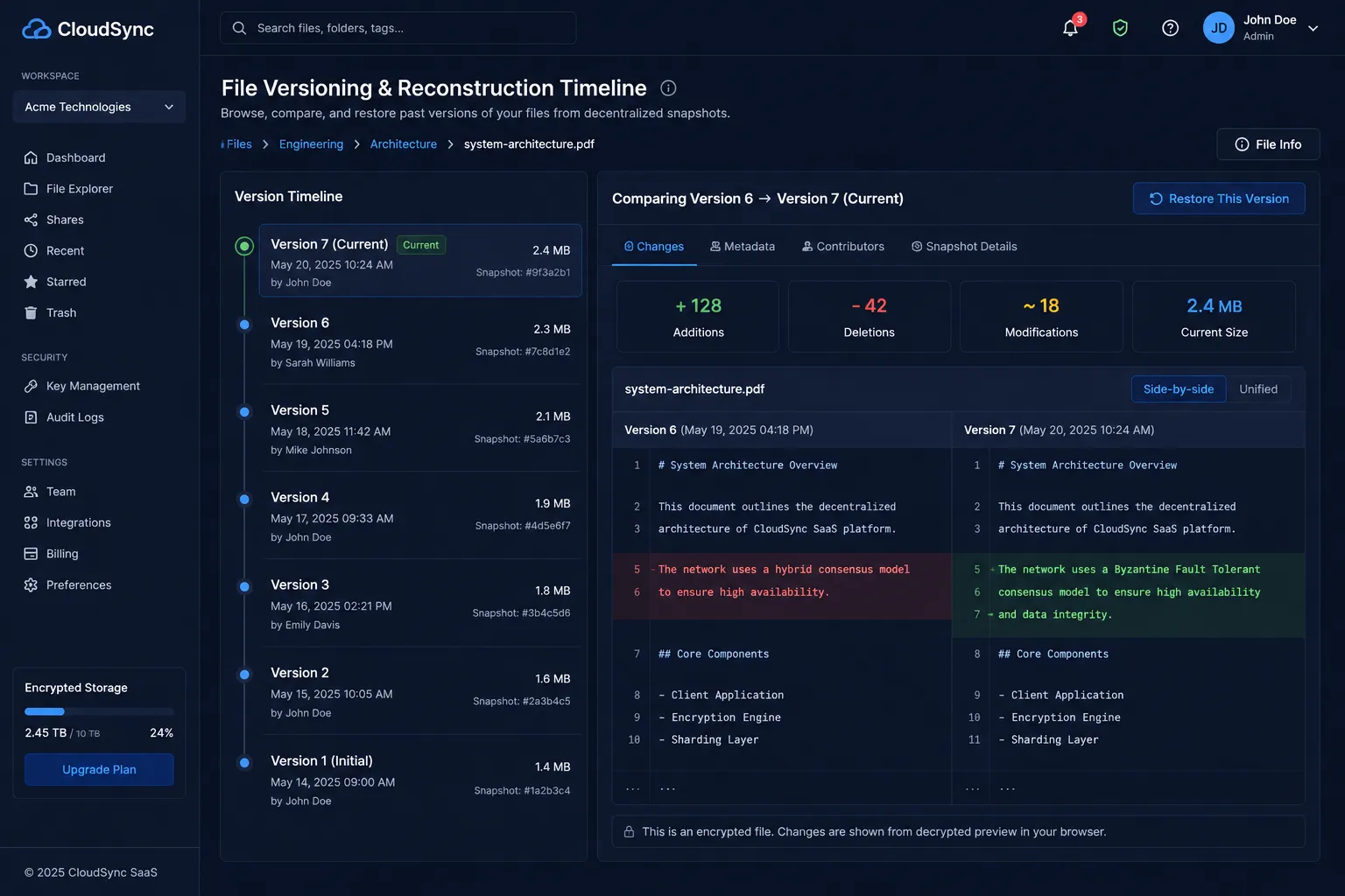 Frontend User Panel - File Versioning & Reconstruction Timeline