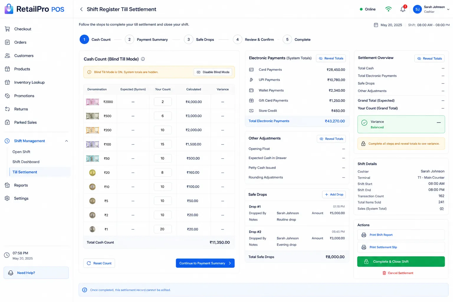 Frontend User Panel - Shift Register Till Settlement