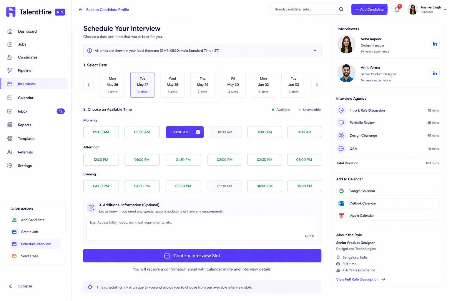 Frontend User Panel - Candidate Interview Scheduling Portal