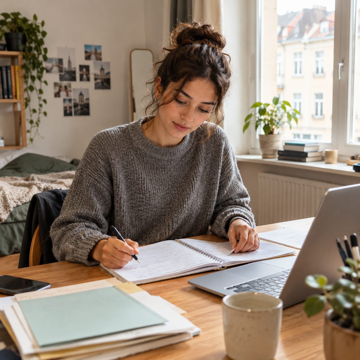 Studentin organisiert Bewerbungsunterlagen und Wochenplan am Schreibtisch – Checkliste für den Einstieg in flexible Studentenjobs
