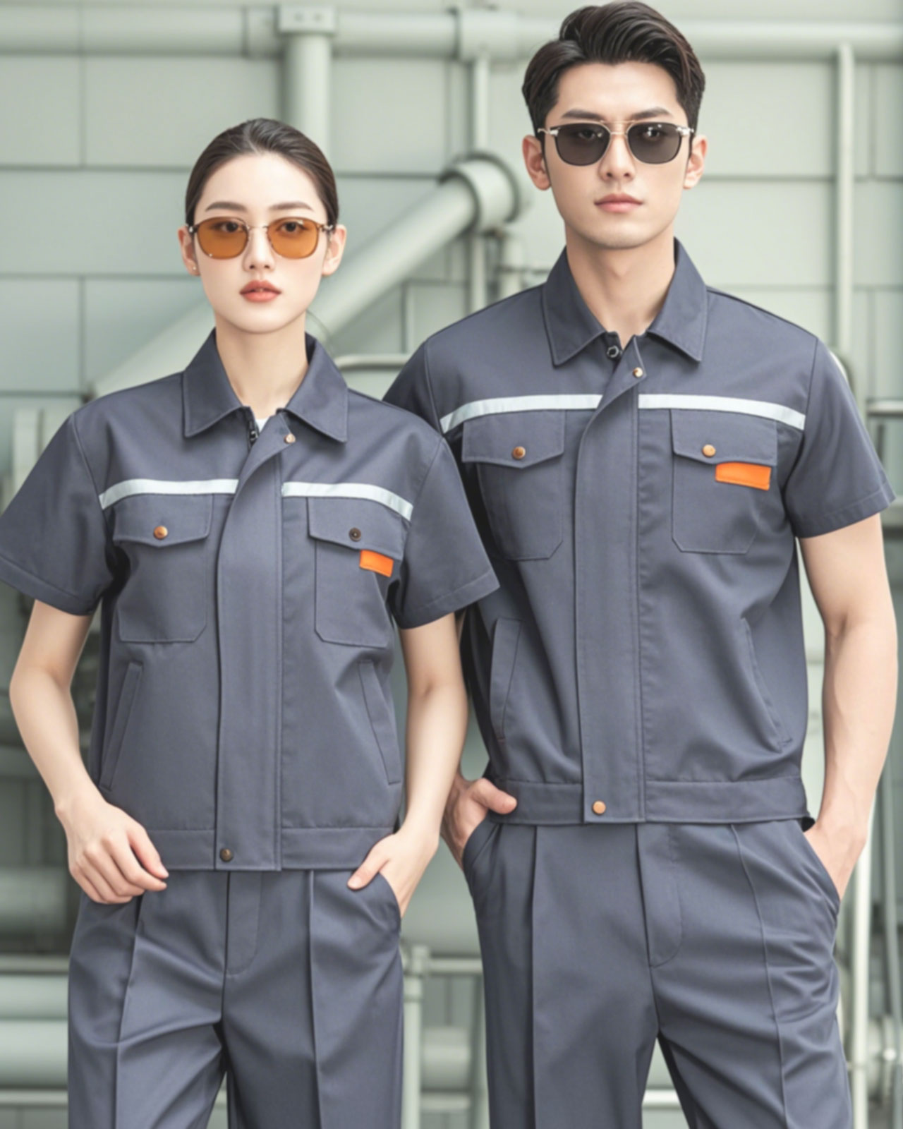 深灰色短袖反光条工作服套装