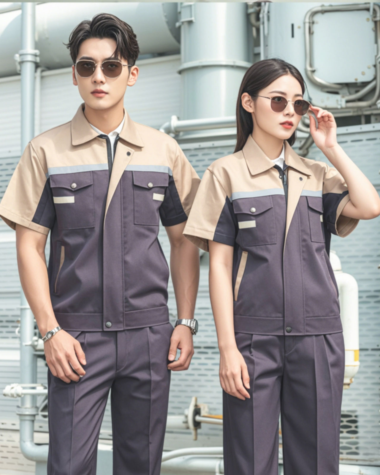 拼色短袖反光条工作服套装