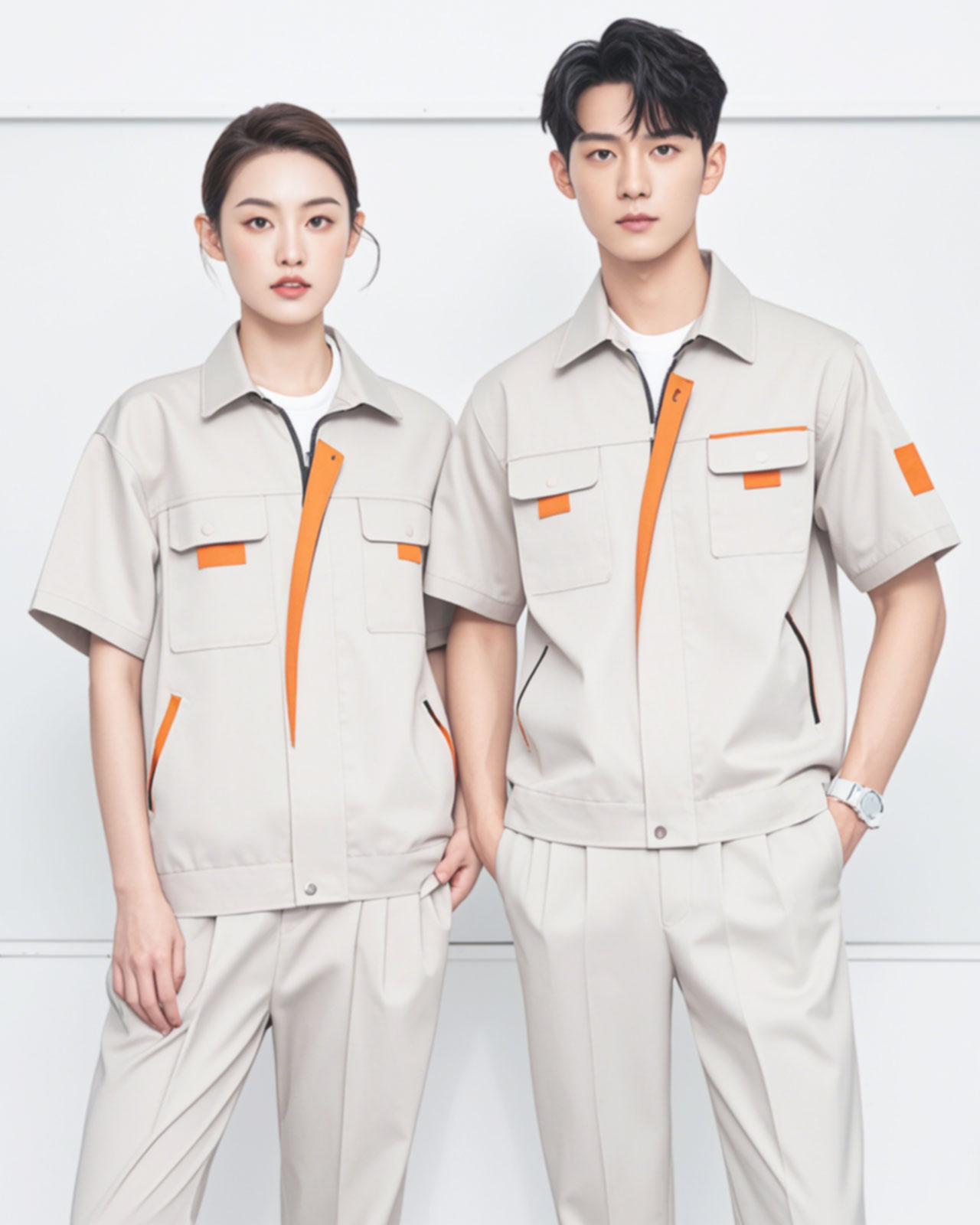 浅灰拼橙短袖工作服套装