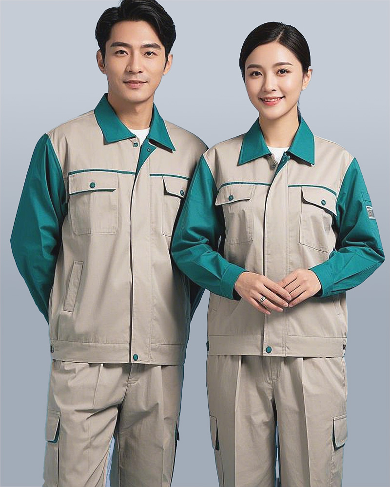 卡其拼绿长袖工作服套装