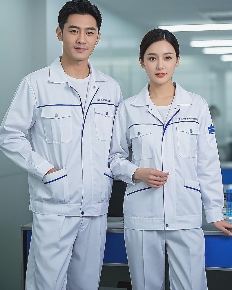 白色拼蓝长袖工作服套装