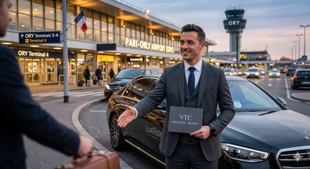 Chauffeur LuxRide Paris avec pancarte attendant un client à l'Aéroport d'Orly.