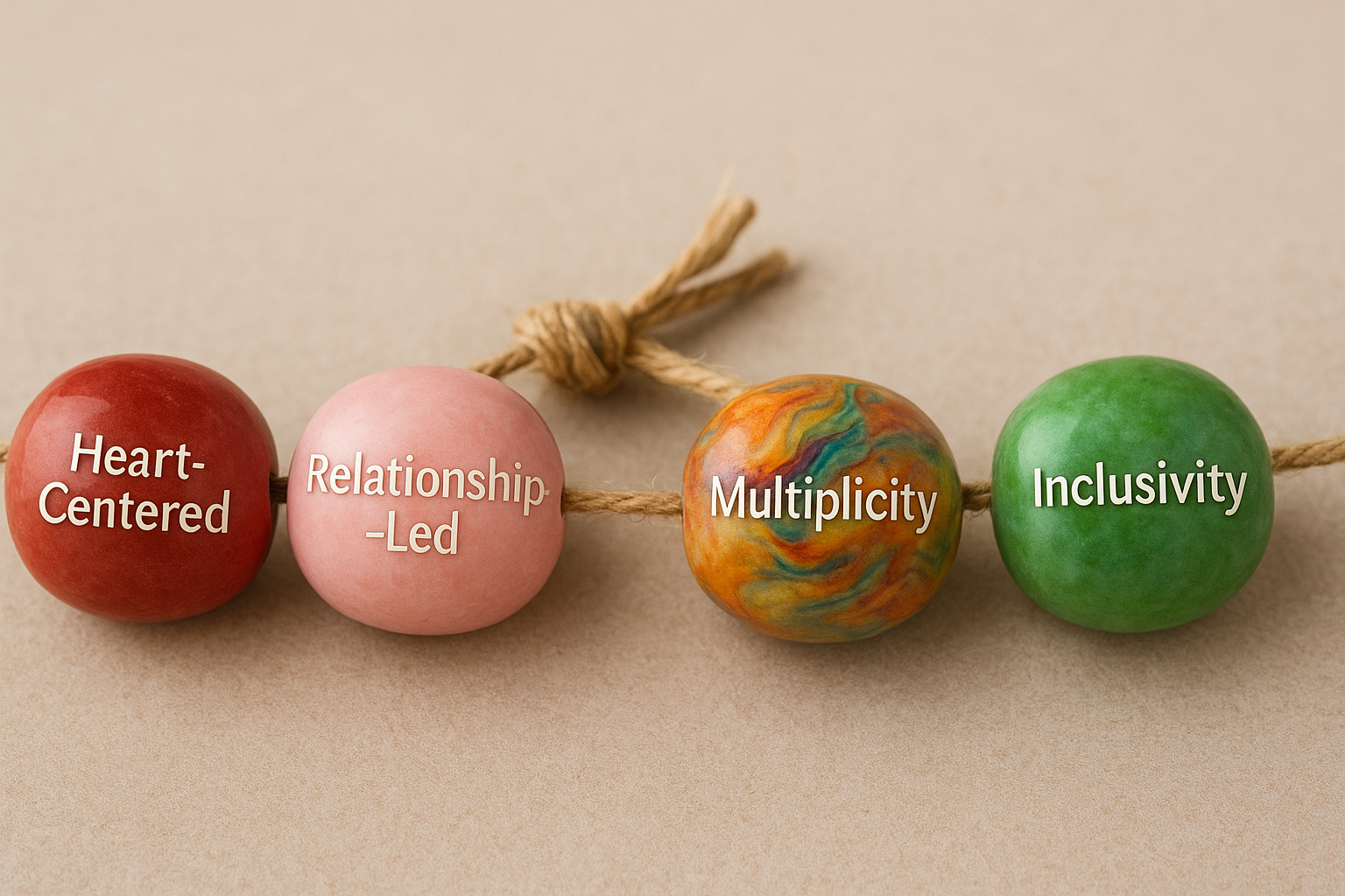 Four coloured beads on a string representing core values of Shemewé Collective: Heart-Centered (red), Relationship-Led (pink), Multiplicity (multi-coloured), and Inclusivity (green), tied together with natural twine.