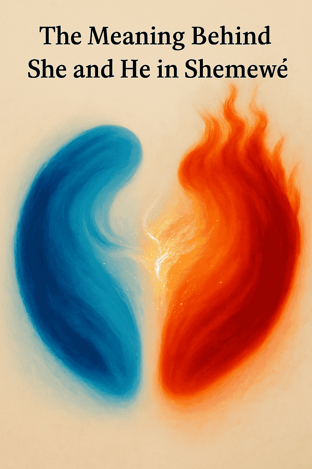 Abstract image of two swirling energy forms, one blue, one red, facing each other with a golden light between them. The light represents the metallurgical reaction of the She and He in Shemewé, symbolising their power to create when integrated.