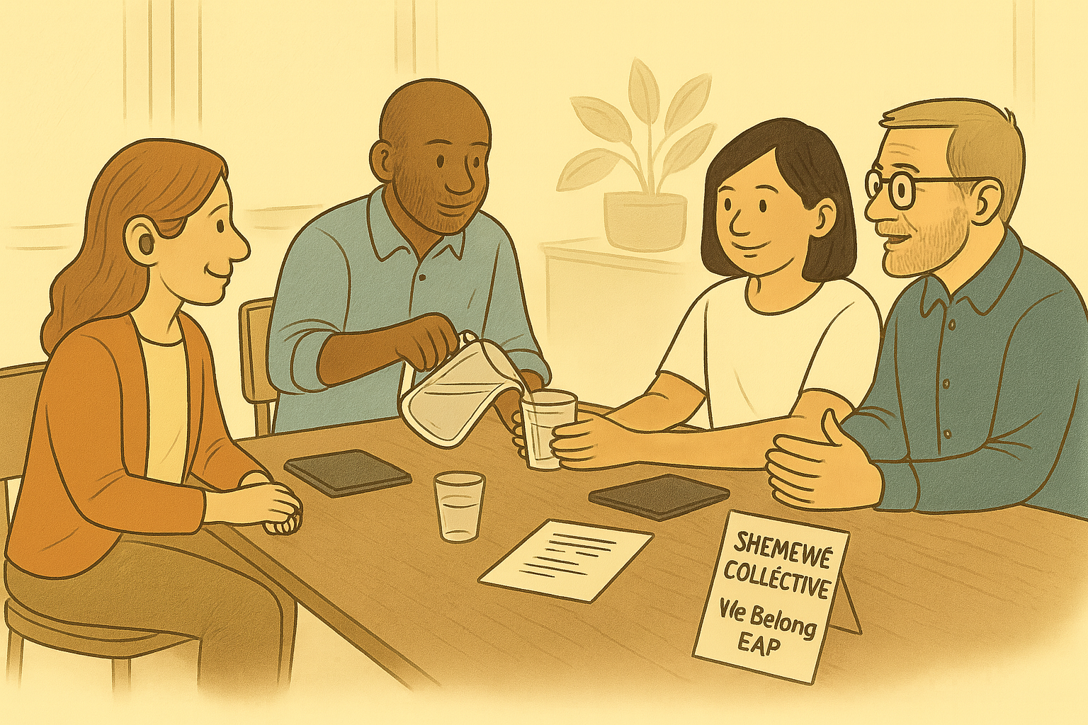 SME team meeting in a calm office, building a culture of care and early support.