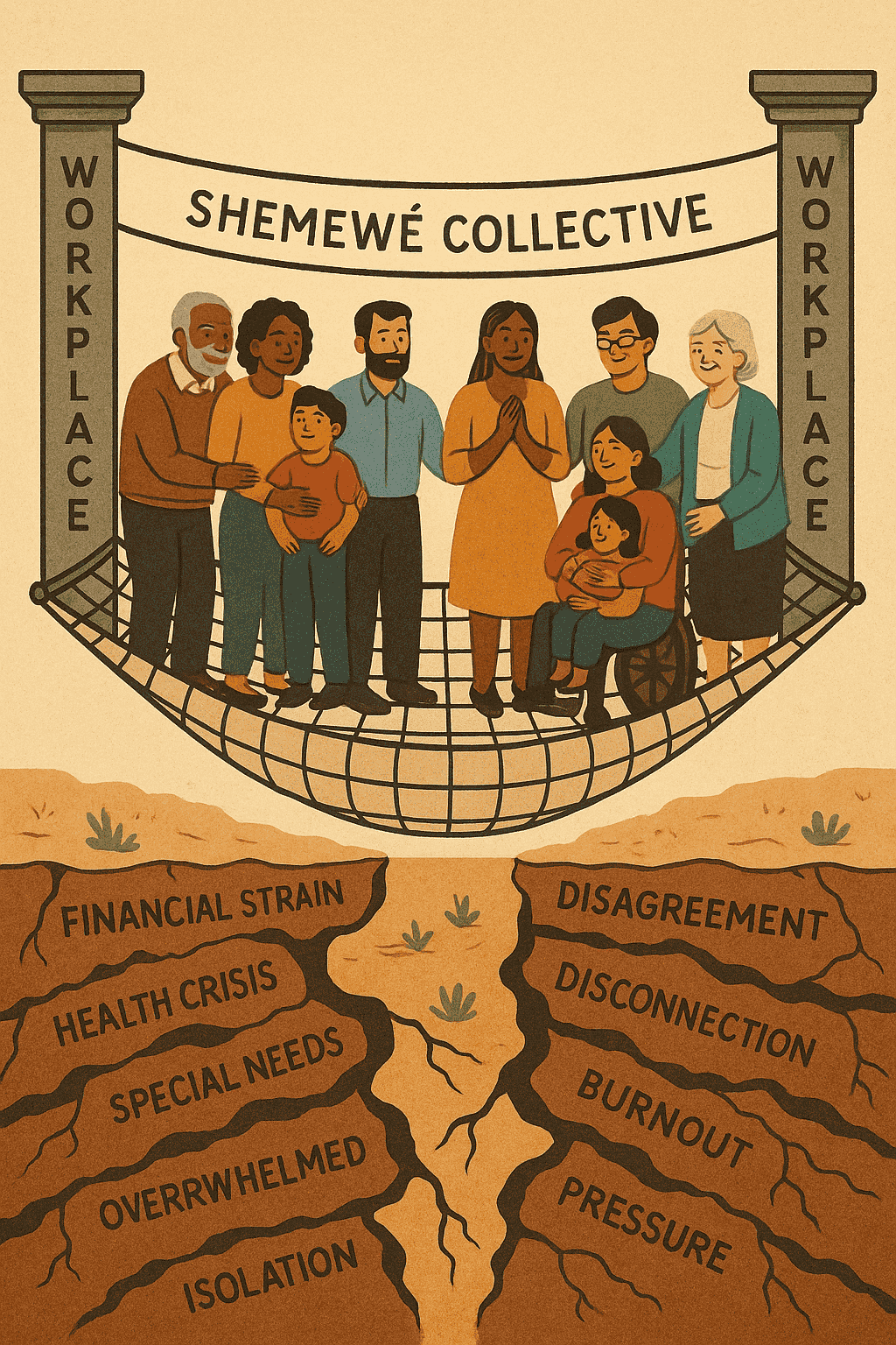 Inclusive workplace parenting support by Shemewé Collective showing families of different ages, cultures, and abilities supported through collective care and wellbeing.