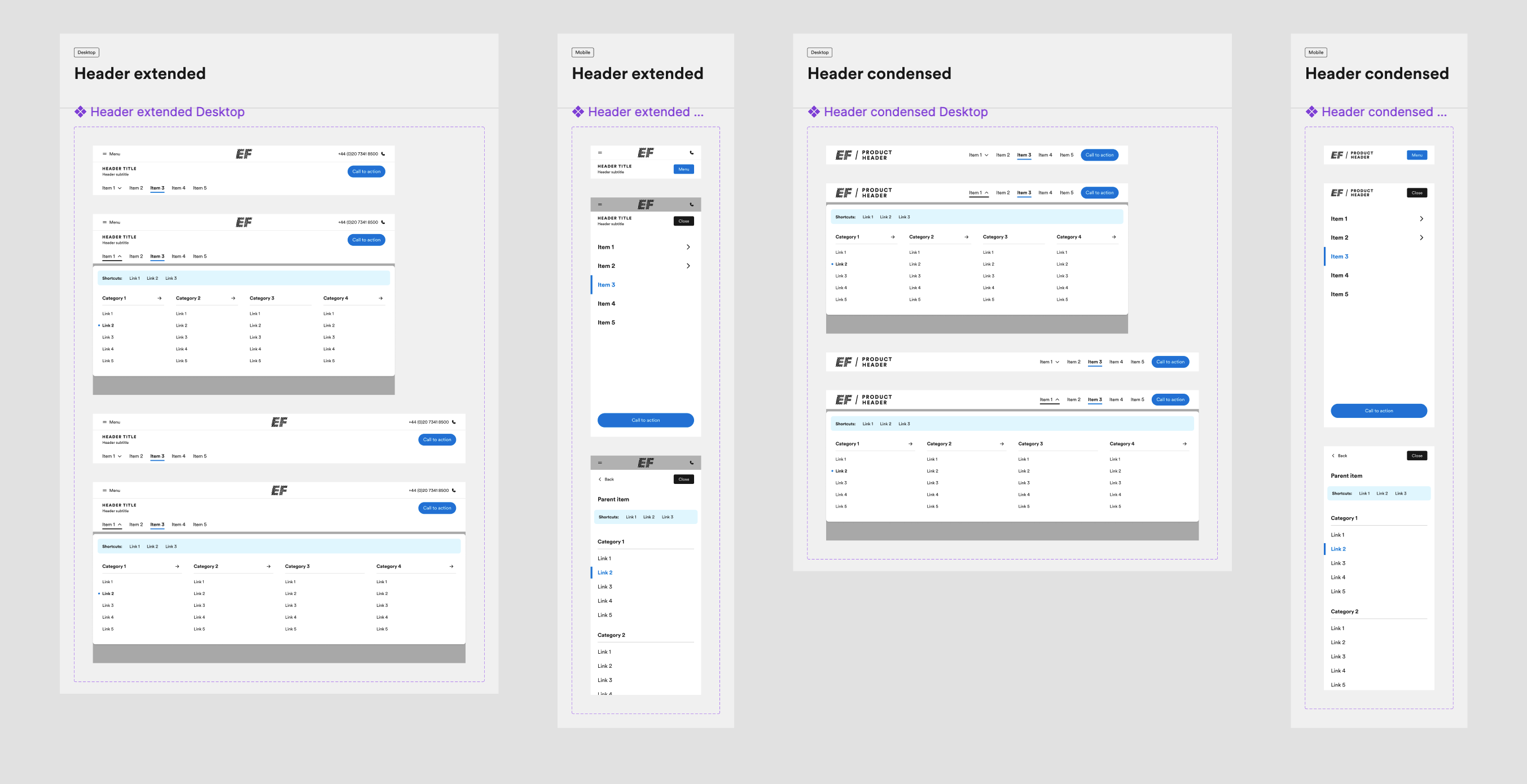 Reusable header components and variants created for the EF design system