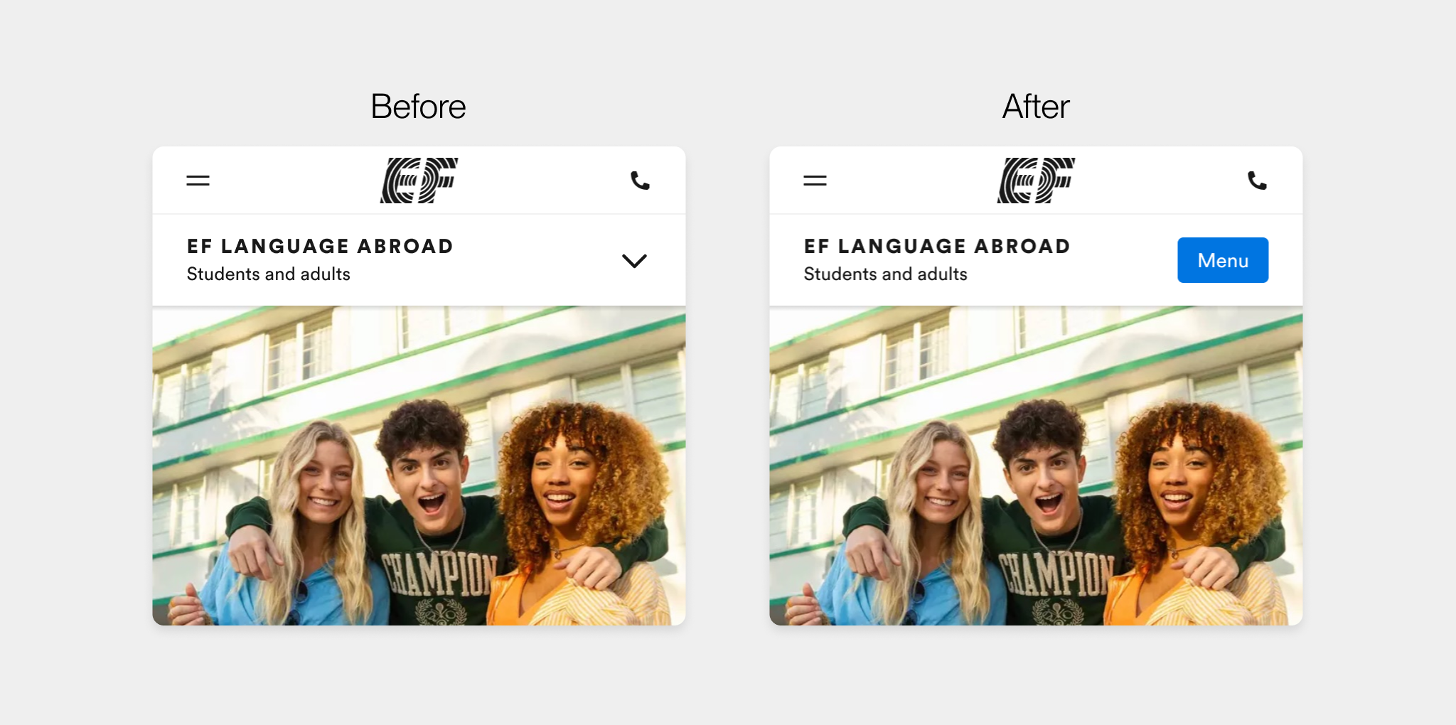 Mobile menu before and after the clearer navigation treatment
