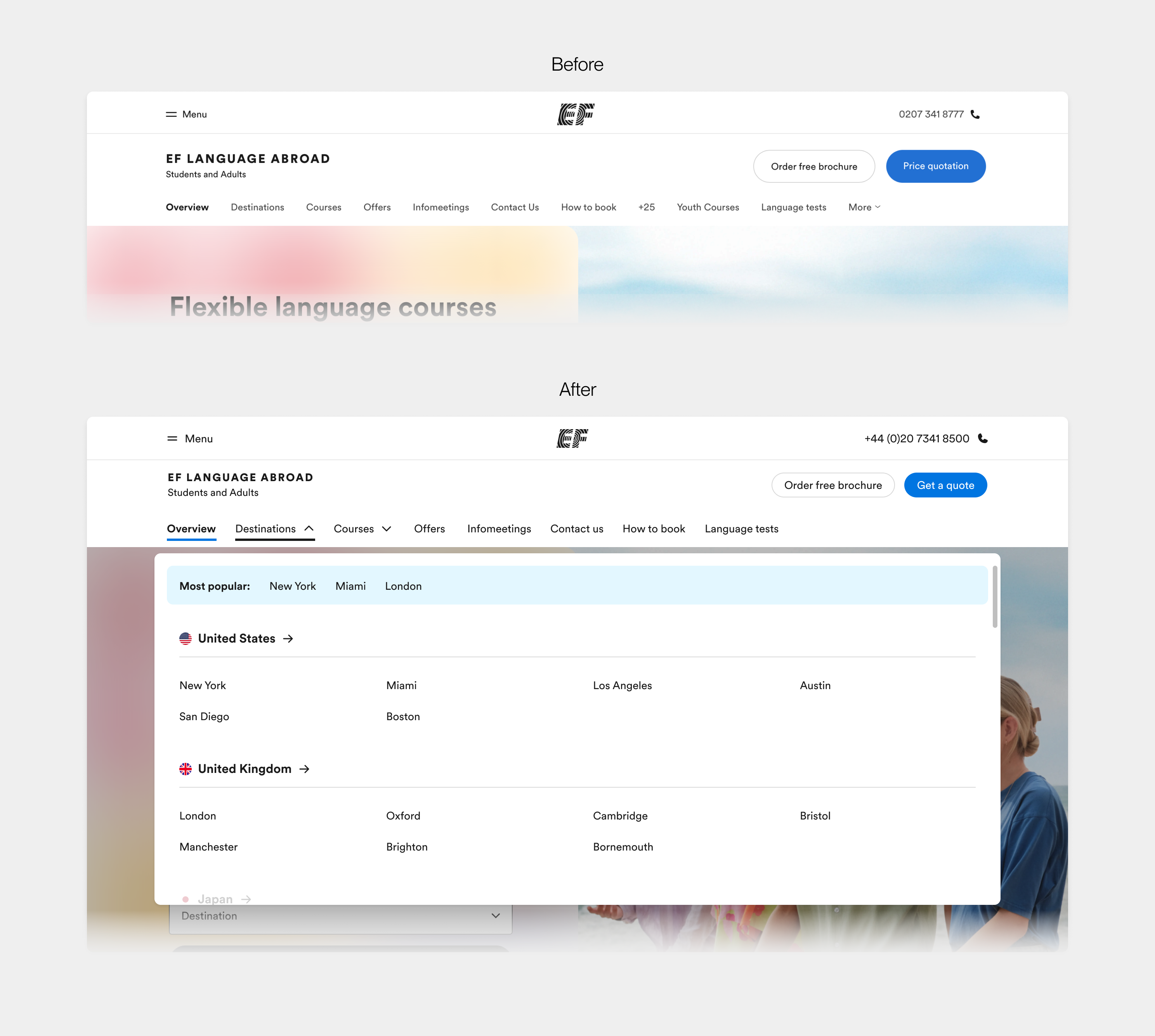 EF language-school desktop header before and after the redesign