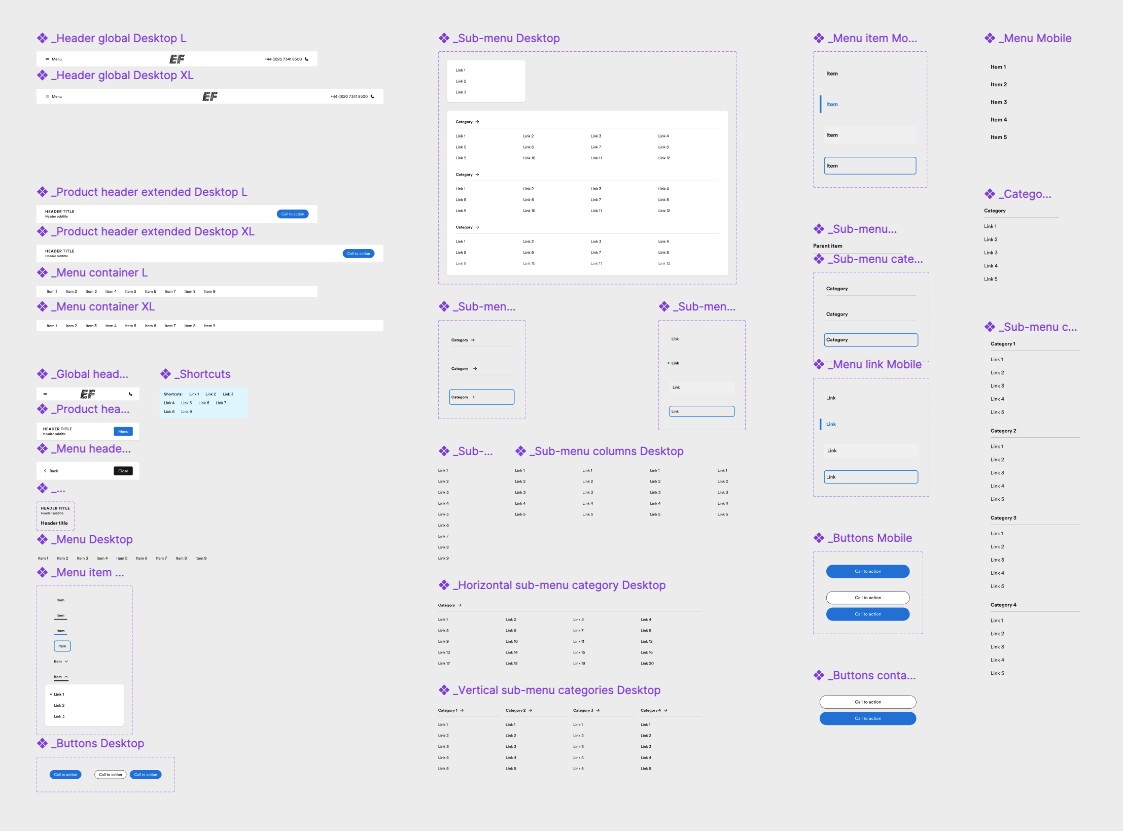 Navigation subcomponents and configuration options for different EF products