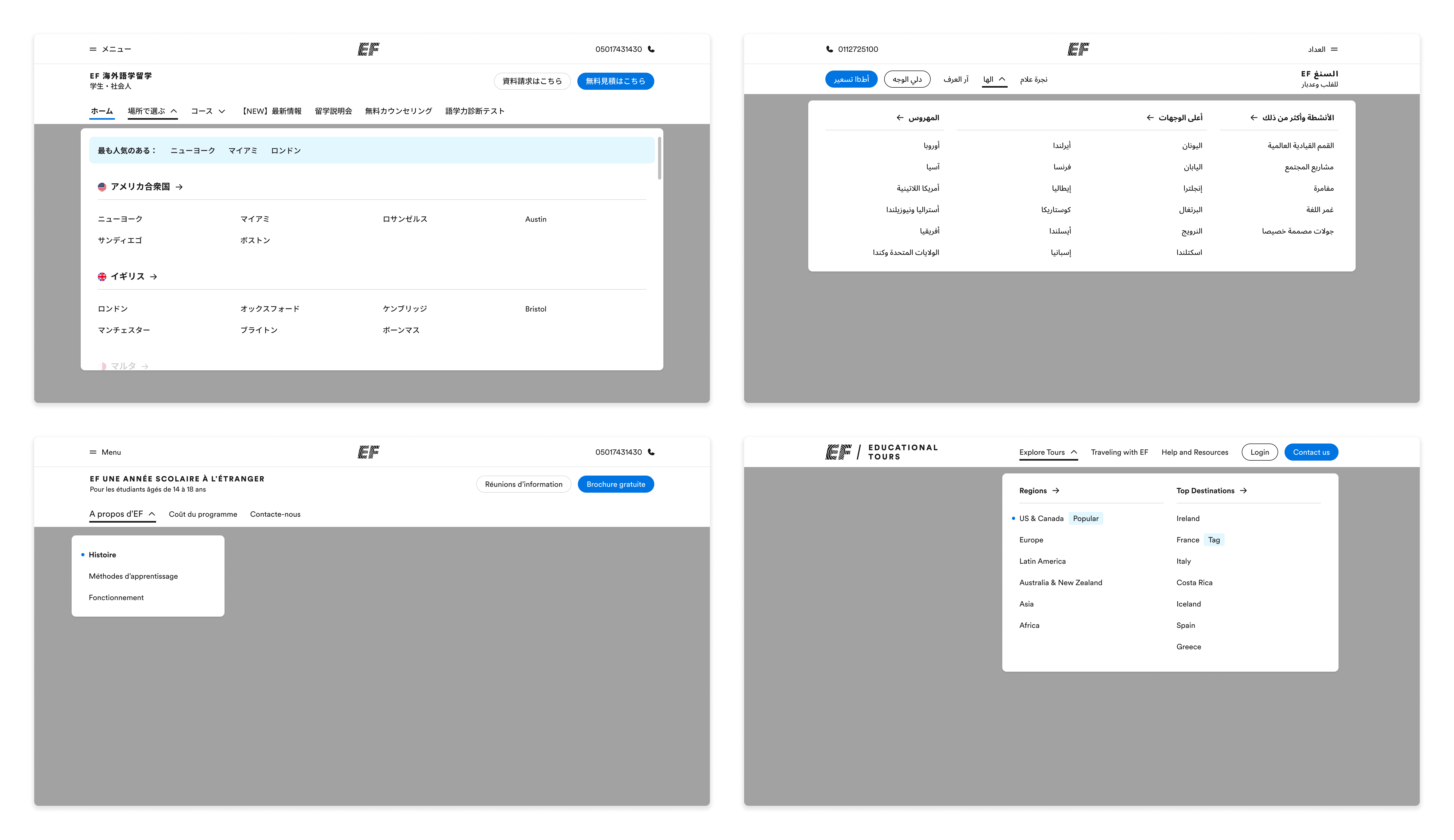 Desktop navigation adapted across multiple EF country sites