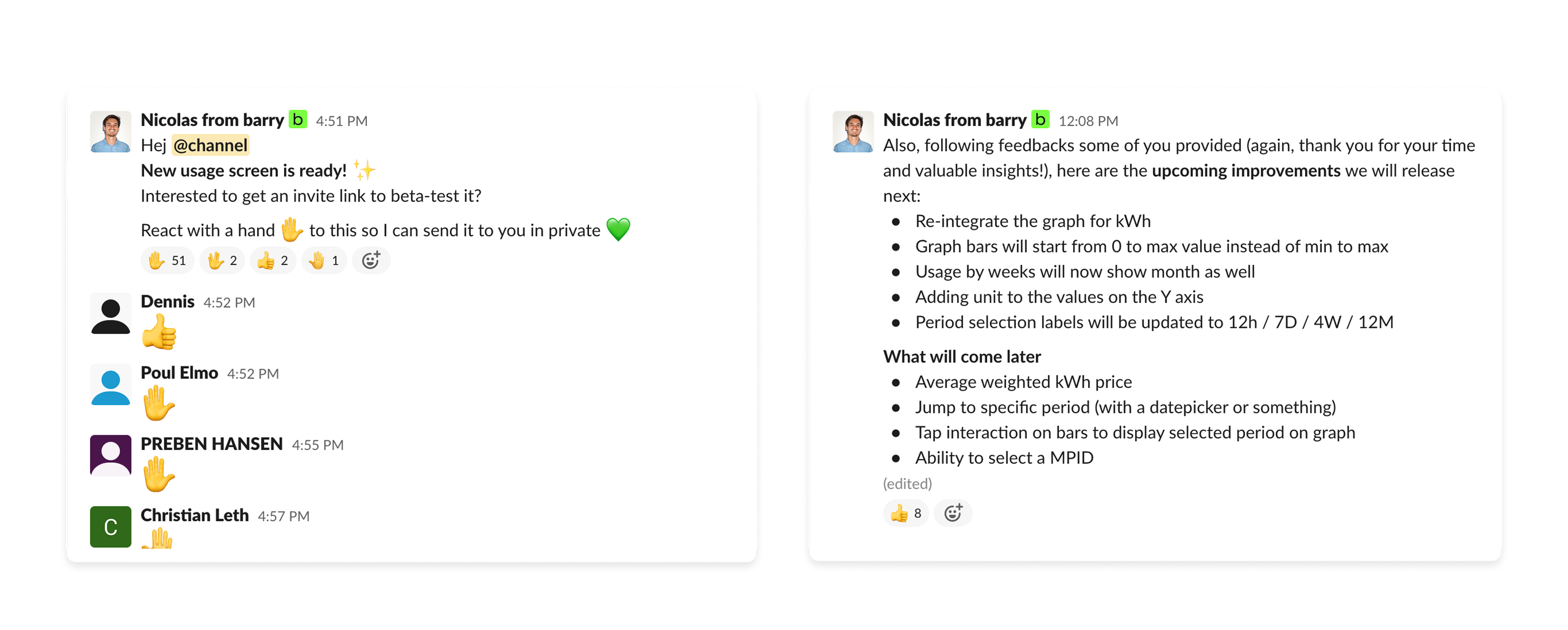 Barry community messages recruiting beta testers and sharing planned usage-screen improvements