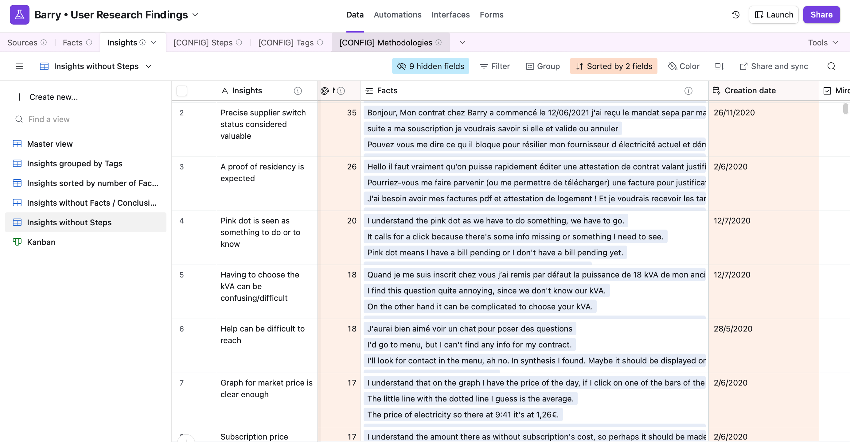 Airtable research repository grouping Barry user insights with supporting interview quotes