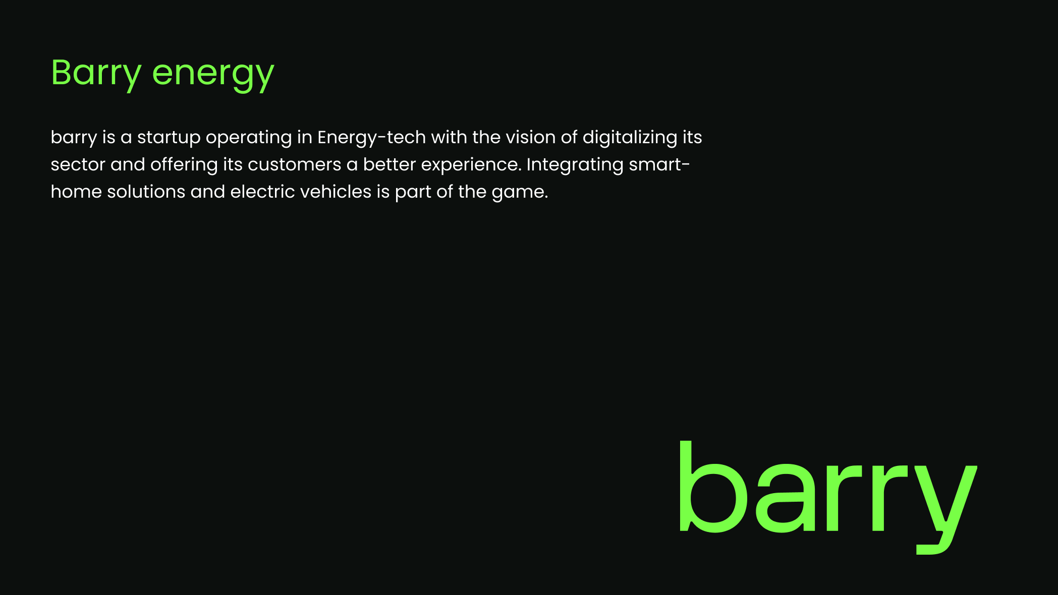 Introductory slide describing Barry Energy and its digital energy-service vision