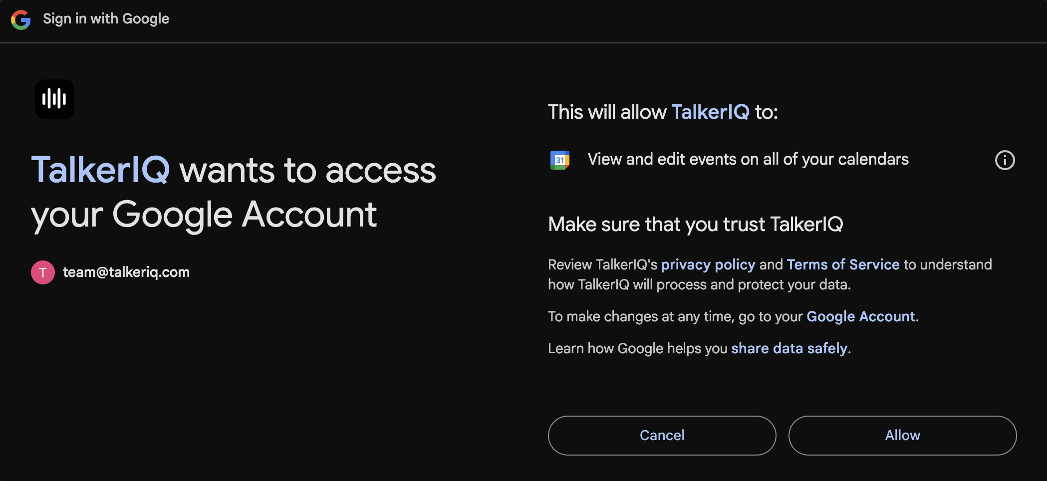 Screenshot showing successful integration with Google Calendar connected status