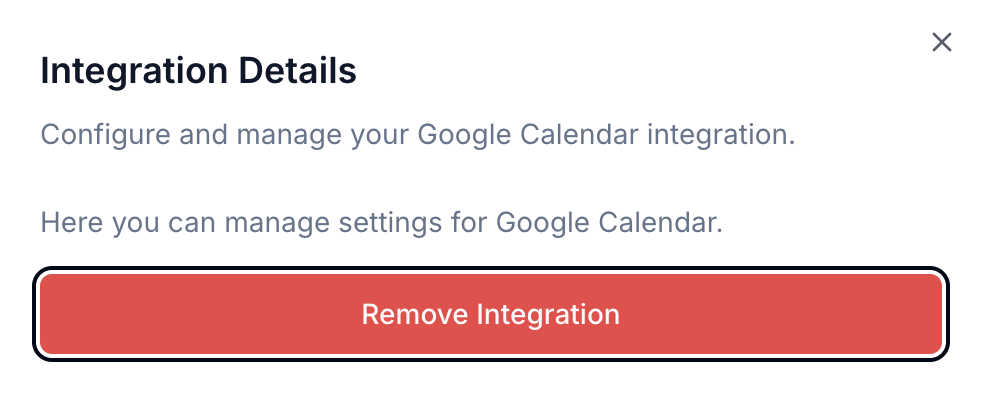 Screenshot showing the Remove Integration button