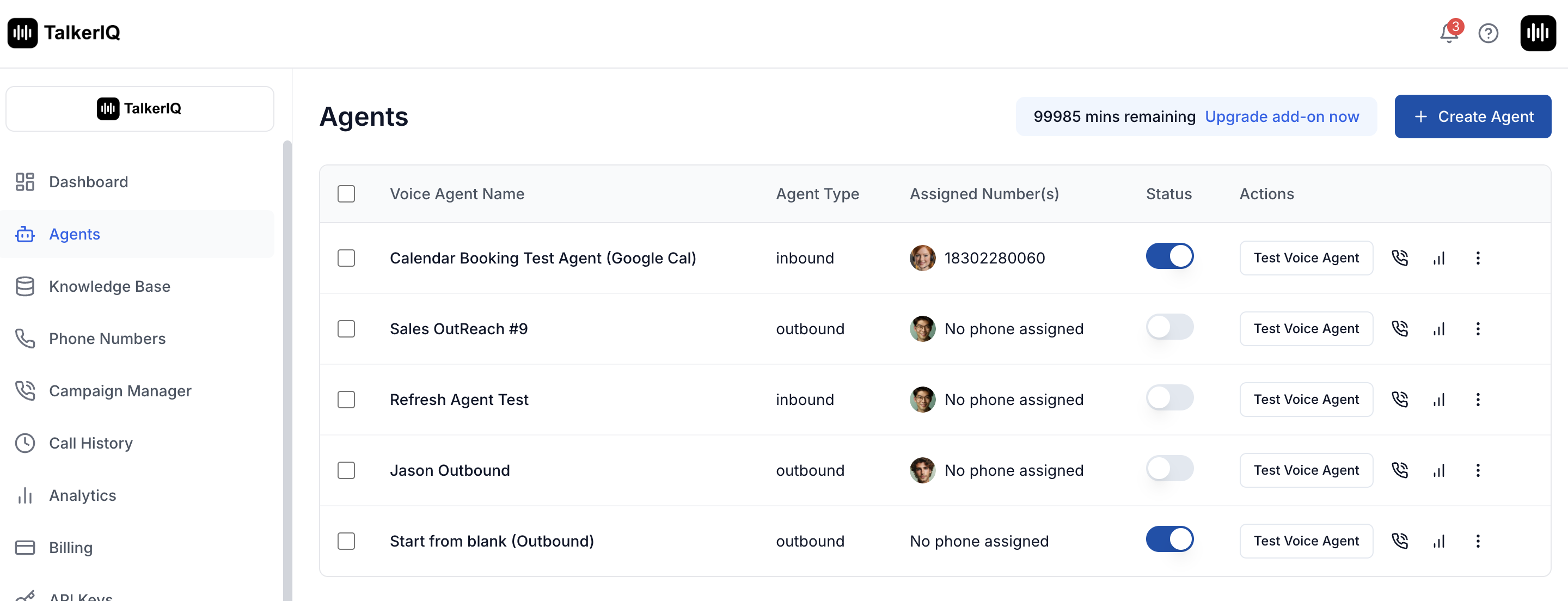 AI Agents dashboard showing inbound call setup and active agents