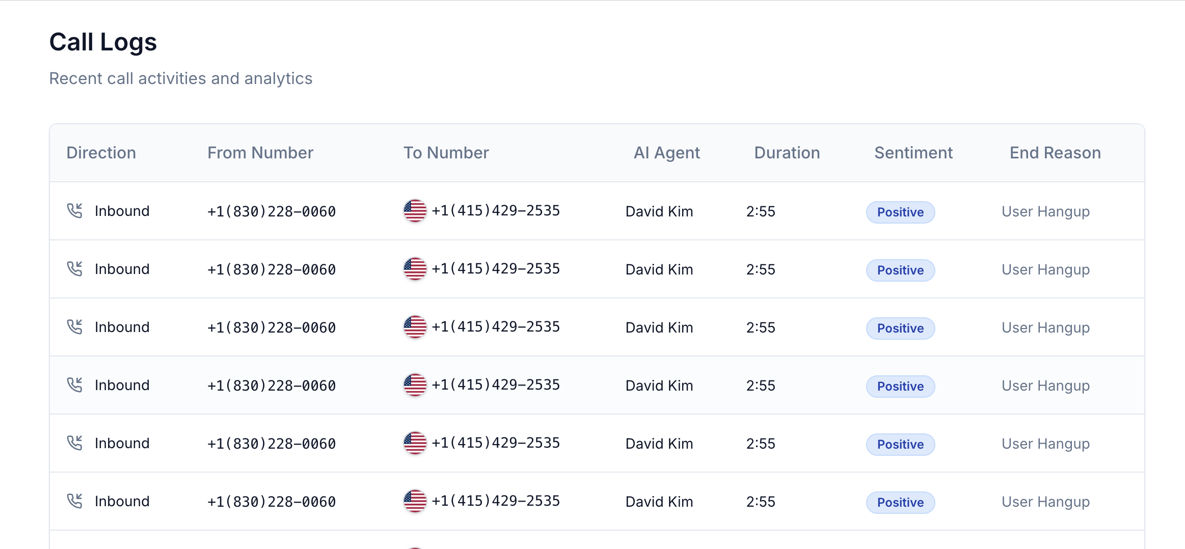 Screenshot showing Incoming Calls history with caller name, time, status